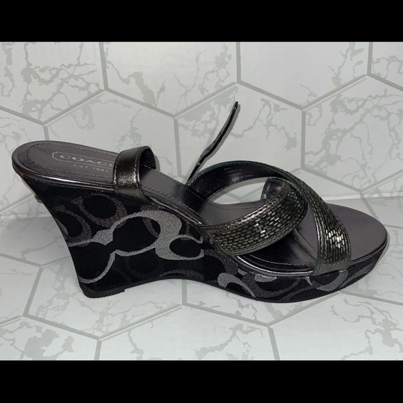 COACH💥PLATFORM BLACK/SILVER WEDGES SANDALS💥 - Picture 4 of 6